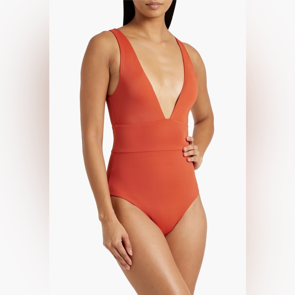 Onia Deep V One-Piece Swimsuit in Terracotta Orange